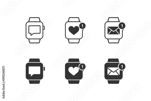 Minimalist smartwatch icons with message heart and email notifications.