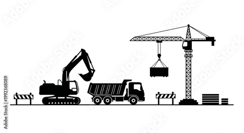 Construction site with excavator and crane.