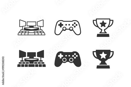 Gaming icons: console controllers, desktop setups, trophies in black and white.