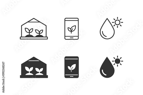 Minimalistic icons of greenhouse technology and smartphone irrigation control.