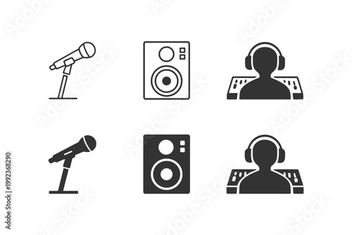 Music icon set featuring microphone speakers dj setup in monochrome.