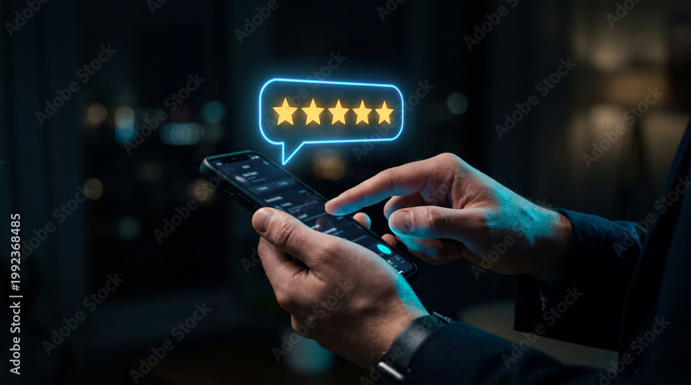 Obraz premium Hands Holding Smartphone with Glowing Five Star Rating Neon Speech Bubble