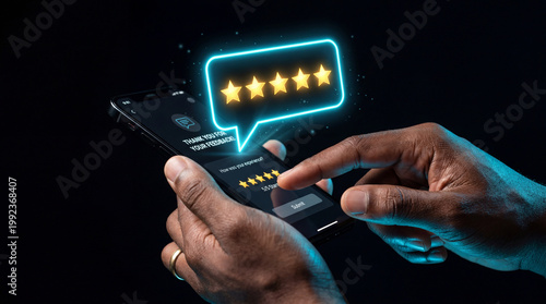 Hands Holding Smartphone with Glowing Five Star Rating Neon Speech Bubble