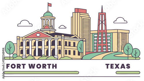 Fort Worth TX cityscape silhouette with iconic downtown architecture. Minimalist vector art for travel posters and home decor