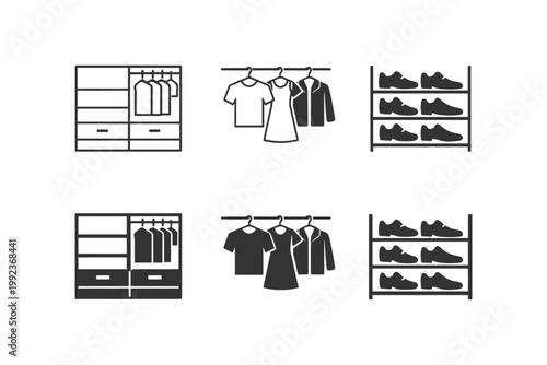 Minimalist clothing and shoe storage icons in black and white.
