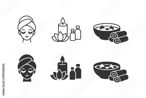 Spa and relaxation icons: candles, oils, towels, and female faces.