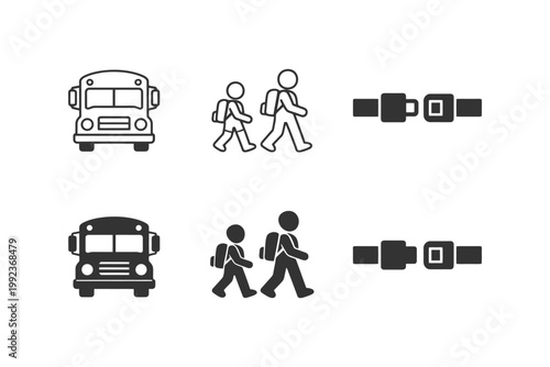 Bus and pedestrian safety icons with seatbelt designs.