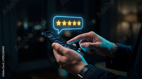 Hands Holding Smartphone with Glowing Five Star Rating Neon Speech Bubble