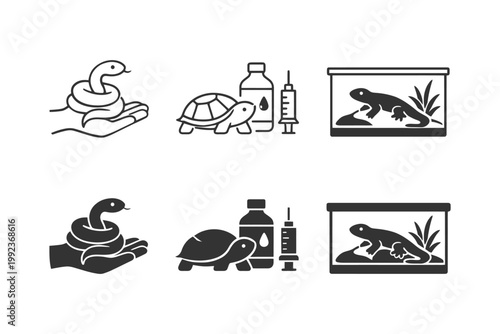 Reptile care icons with snake, turtle, and terrarium illustrations.