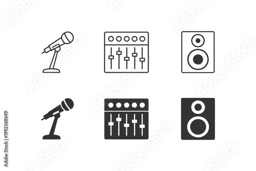 Audio equipment icons: microphone, mixer, speaker - black and white design.