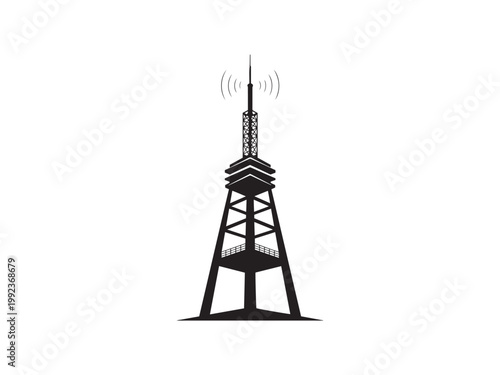 Black silhouette of a radio broadcasting tower with signal waves.