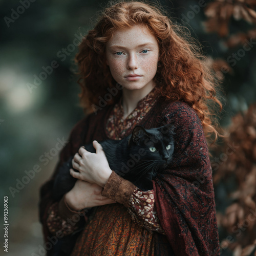 Young red haired woman holding black cat outdoors