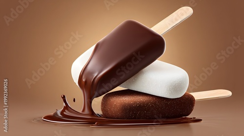 Three chocolate-covered ice cream sticks with melting sauce