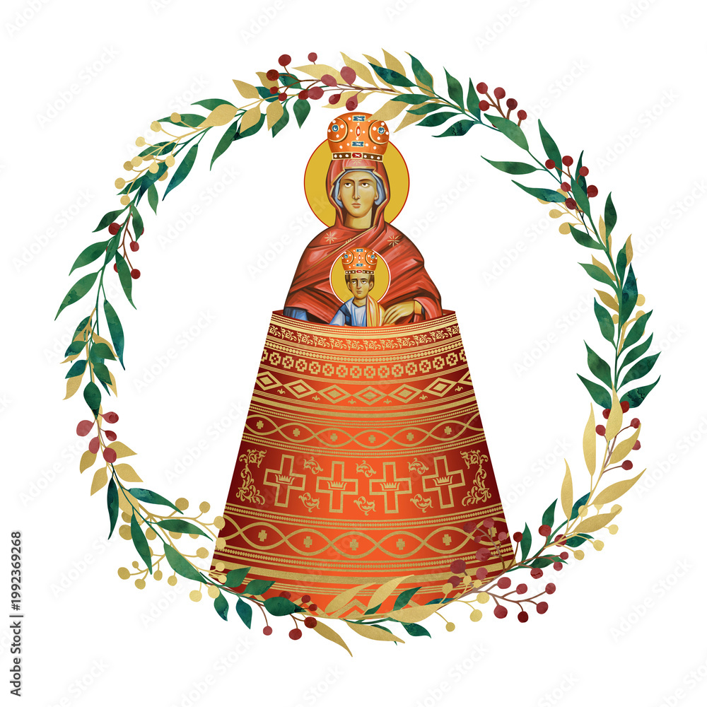 Fototapeta premium Addition of the Mind. The Blessed Virgin Mary and Jesus Christ. Decorative vintage floral wreath, illustration in Byzantine style isolated