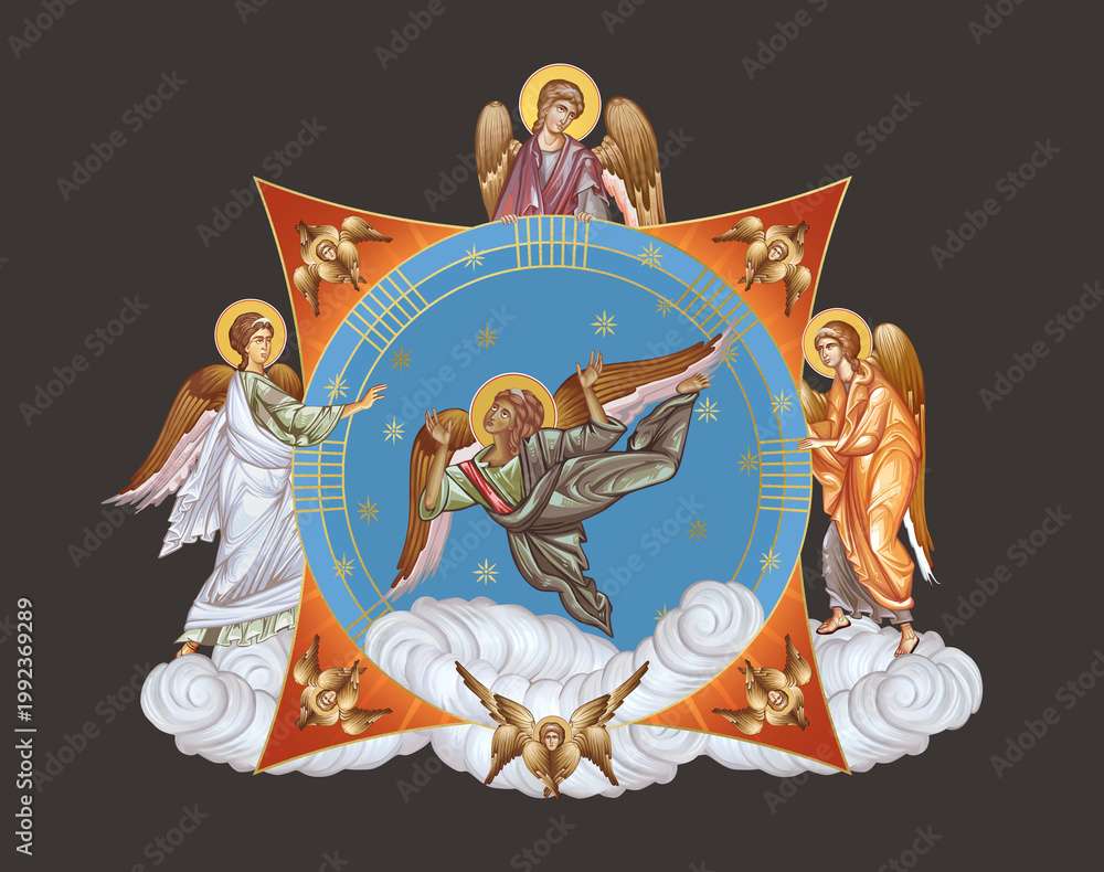 Fototapeta premium Illustration in Byzantine style with angels and seraphim