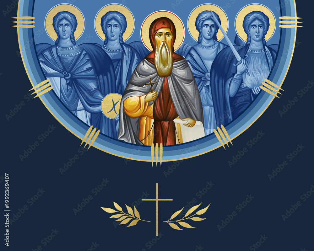 Fototapeta premium Saint Joanikije of Devic and four cardinal points (Archangel Gabriel, Uriel, Raphael and Michael). Illustration in Byzantine style isolated