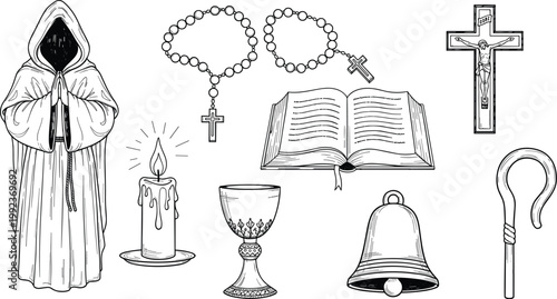 Religious Icon Set Featuring Cross, Bible, Rosary, Candle, Chalice, Bell, and Shepherd’s Crook for Faith, Worship, and Spiritual Graphic Designs