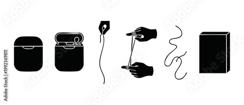 Dental floss icon set, oral hygiene instructions, cleaning teeth process and box packaging, vector flat illustration for medical or dentist dental care guide design isolated on white background.