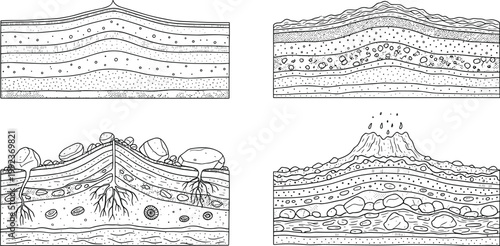 Geological Layers Icon Set Featuring Earth Strata, Soil, Rocks, and Volcanic Layers for Science, Geography, and Earth Study Designs