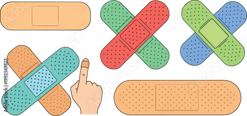 Colorful Band-Aid Icon Set Featuring Various Sizes, Colors, and Healing Illustrations for Medical and First Aid Graphic Designs