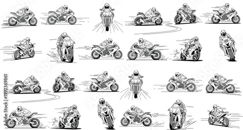 Motorcycle Racing Action Set Featuring Various Poses, Speed, and Motion for Sports and Racing Graphic Designs