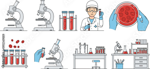 Medical and Scientific Lab Icon Set Featuring Microscope, Test Tubes, Scientist, and Laboratory Equipment for Research and Healthcare Graphic Designs