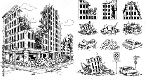 Black and White Urban Destruction Set Featuring Collapsing Buildings, Car Wreckage, and City Ruins for Disaster and Post-Apocalyptic Designs