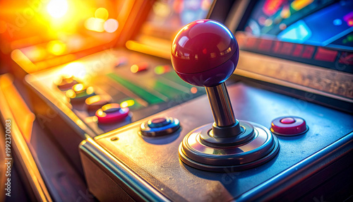 Close up of a classic arcade machine with joystick and buttons in warm light