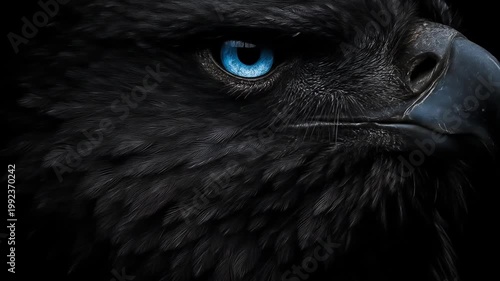 Close up of a dark bird of prey with striking blue eye against a black background