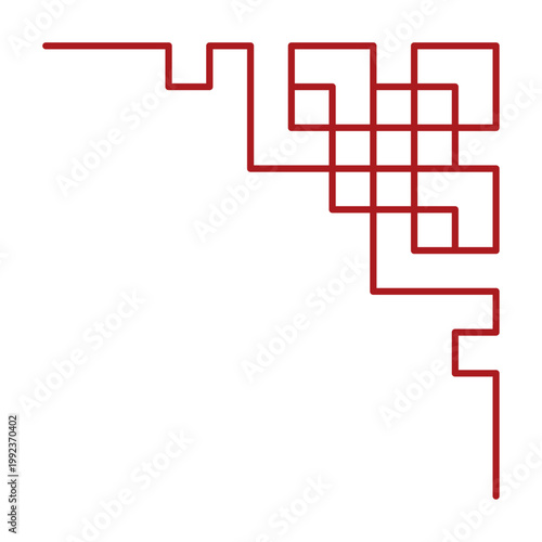 Red Chinese frame geometric corner ornament with traditional knot pattern. Oriental decorative line border, header isolated on white. Vector illustration