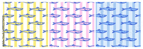 Seamless Nautical Pattern with Hand-Drawn Fish on Striped Background in Yellow, Pink, and Blue
