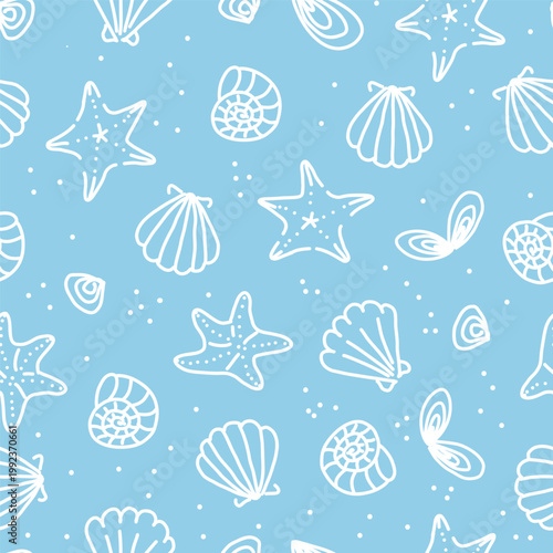 Blue Seamless Pattern with Hand-Drawn Seashells and Starfish on Beach-Themed Background