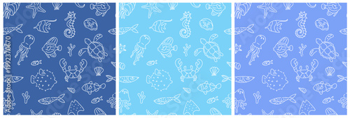 Seamless Nautical Sea Life Pattern with Hand-Drawn Illustrations in Blue Tones