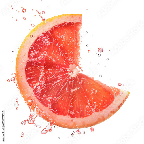 Fresh pink grapefruit slice with dynamic water splash isolated on white background