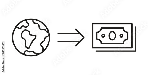 Earth globe to money conversion for global economy and international trade icon