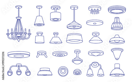 Various Light Fixtures And Lamps On White Background For Interior Design Concepts