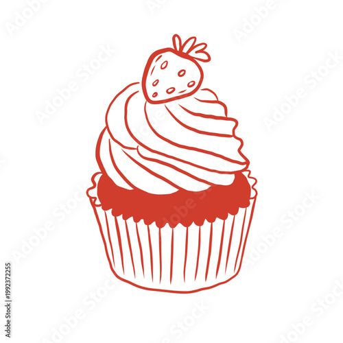 Minimal red vector illustration of a cupcake with swirled cream frosting and strawberry on top. Hand-drawn line style, clean and modern, isolated on white background.