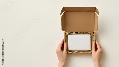 hands opening cardboard box with wrapped product on neutral background