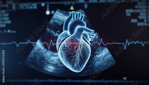 3d of a human heart with coronary arteries on medical monitor