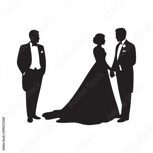 Wedding couple with best man silhouette, bride and groom holding hands with groomsman isolated on white background vector illustration.