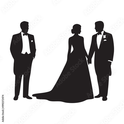 Wedding couple with best man silhouette, bride and groom holding hands with groomsman isolated on white background vector illustration.