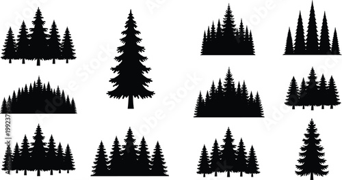 Collection of Pine Forest Silhouettes, Spruce Tree Landscape Elements, Coniferous Woodland Clusters, and Evergreen Timber Shapes for Creative Nature Graphic Design