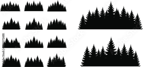 Forest silhouette pine tree set landscape nature wood evergreen coniferous black vector collection isolated background spruce timber outdoor wilderness fir.