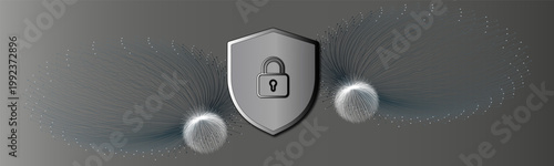 Abstract cybersecurity concept background featuring a metallic shield with a lock icon in the center, symbolizing digital protection, data security, privacy, and safe network connections. Surrounded b