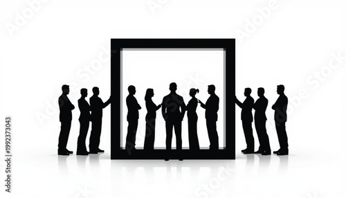 Businesspeople stand around a large square frame to symbolize the importance of focus and structure.