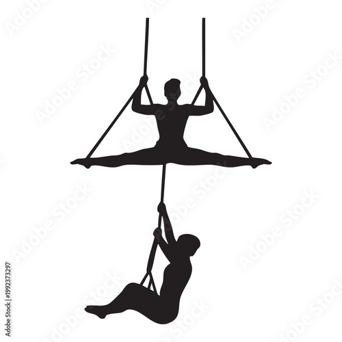 Aerial trapeze artists silhouette performing circus acrobatics, gymnasts on swing rope isolated on white background vector illustration.