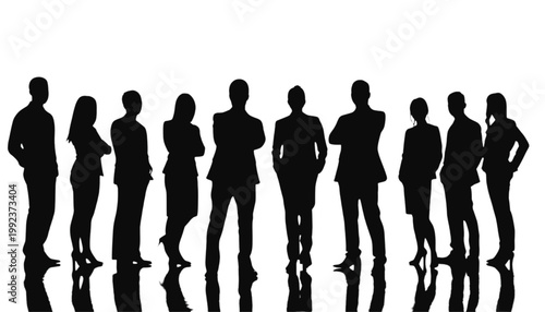 Businessmen and businesswomen stand together in a professional row to showcase corporate teamwork.