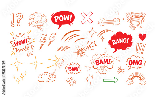 Comic Book Sound Effects And Symbols On White Background For Graphic Design