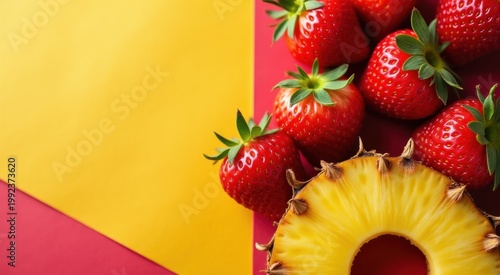 Strawberries and a pineapple on a colorful table food background copy space