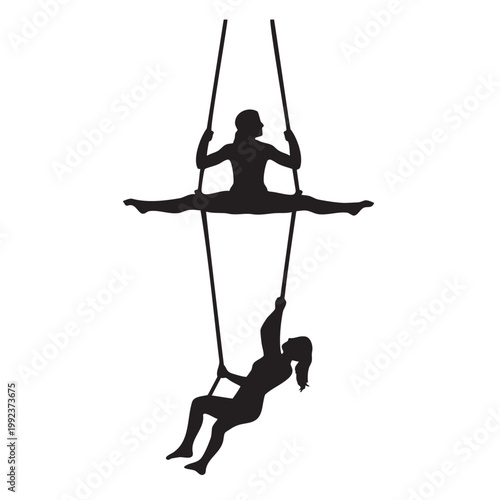 Aerial trapeze artists silhouette performing circus acrobatics, gymnasts on swing rope isolated on white background vector illustration.
